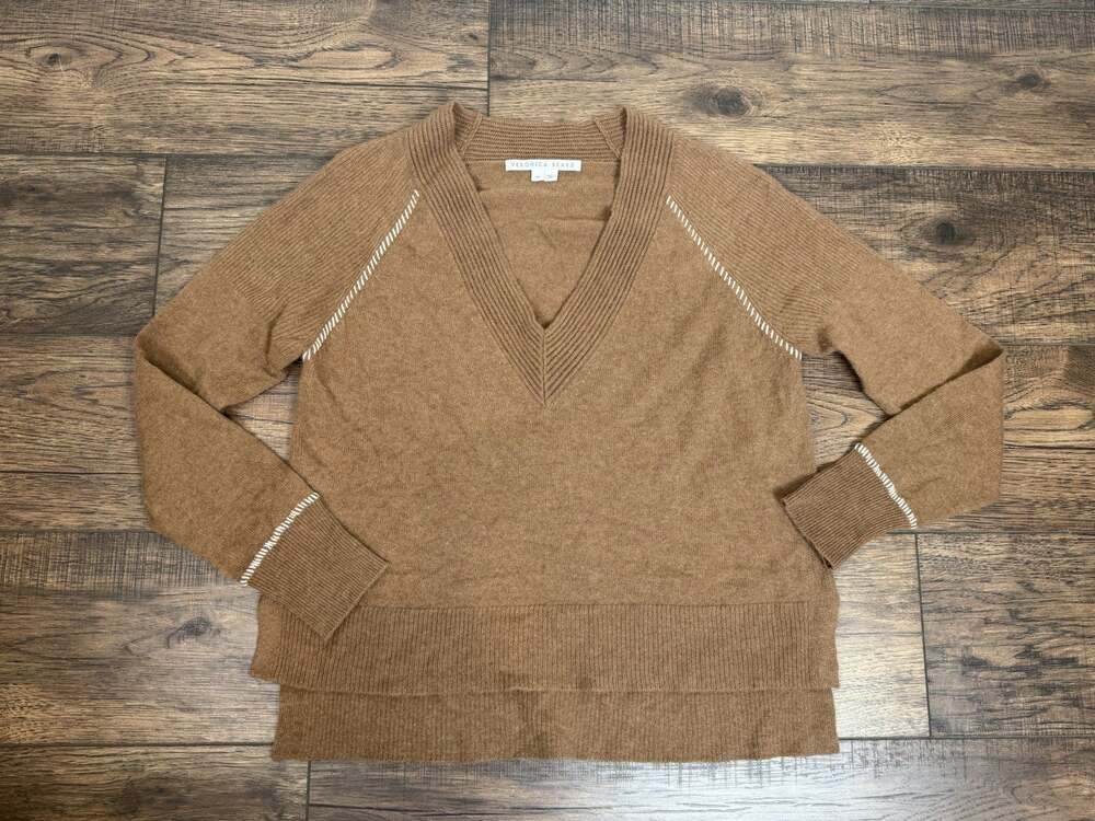 Veronica Beard Preta V-Neck 100% Cashmere Sweater Brown White Stitching Boxy M